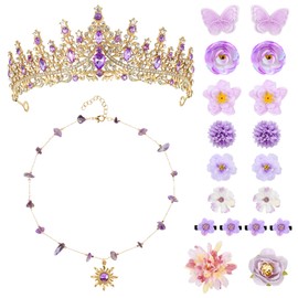 Princess Costume Accessories Set for Women Purple Gold Rhinestone Tiara Crown with Sun Necklace, 18 Pcs Purple Hair Clips for Birthday, Halloween Cosplay, Wedding