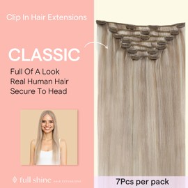 Full Shine Ash Blonde Clip in Hair Extensions, 20 Inch Higlight Blonde Human Hair Extensions Clip Ins, Remy Human Hair Double Weft Silky Straight Extension for Women 120g 7Pcs
