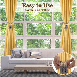 Pack of 4 Magnetic Curtain Tiebacks, Curtain Holders, Curtain Holders, Wooden Boho Curtains, Curtain Tiebacks, Cotton Rope, Tiebacks for Curtains, Home, Office, Curtains Decoration (Grey)