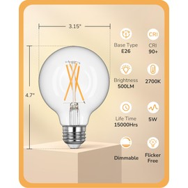 EDISHINE 6 Pack G25 LED Edison Bulbs CRI90+, Vintage Dimmable Edison Bulbs 60 Watt Equivalent, 8W 500LM 2700K Warm White Vanity Light Bulbs E26, LED Filament Bulbs for Chandelier Wall Light UL Listed