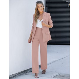 LookbookStore 2 Piece Pant Suits for Women Dressy Blazer High Waisted Straight Leg Pants Sets Business Professional Attire Women Misty Rose Size Medium