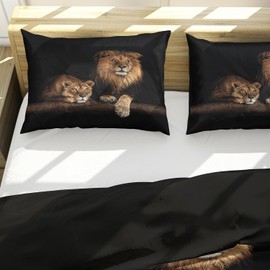 KXHHYB 3D Bed Linen Lion 200 x 200 cm Black Animal Motif, Hidden Zip Microfibre Reversible Bed Linen, Modern Brown Lion Quilt Cover and Pillowcase (Style 2,200 x 200 cm)
