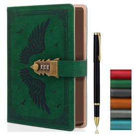 ZXHQ Diary with Lock for Women/Men, Secret Diary for Girls, A5 Notebook with Pen Set, Refillable Leather Journal, Writing Notebook, Size A5 (15.9 × 21.5 cm), Blackish Green