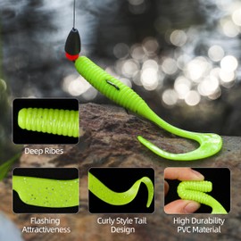 Curly Tail Worms Fishing Lures – Realistic Curly-Tail Soft Bait Grub Swimbaits for Saltwater & Freshwater Fishing – Perfect for Bass, Trout, Crappie & More (6inch, 20pcs, Yellow-Green)