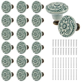 shaojian 20Pcs Ceramic Door Knobs Set Vintage Drawer Knobs Decorative Kitchen Cabinet Handles with Screws Round Antique Wardrobe Pulls Cupboard Handles for Closet, Cupboard, Furniture (Green)