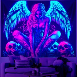 Tapiz de luz negra, tapiz de alas que brilla en la oscuridad, luz negra reactiva contra los rayos UV, pósteres verticales para colgar en la pared para recámara, sala de estar, decoración de telón de