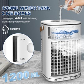 Mini Portable Air Conditioners w/Remote, USB Charging Powered, 1200ML Water Tank, 2 Ice Boxes & 2 Sprays, 7H Smart Timer, Evaporative Air Cooler With 3Speeds, Desktop Fan For HomeOutdoors