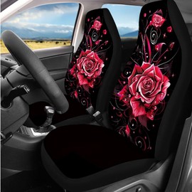 Dngkaoje Romantic Rose Car Seat Covers Full Set 13 Pack Vintage Red Rose Car Accessories Set with Steering Wheel Covers,Universal Collapsible Garbage Bin,Cup Holders,Armrest Cushion Pad