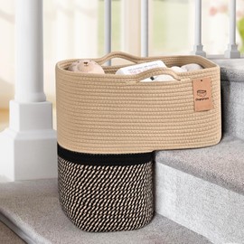 Degeyoyo Woven Stair Basket, Stair Baskets for Wooden Stairs, Carpeted Stairs Storage Basket with Handles, Staircase Baskets for Toys, Clothes, Books, Black, 15” L x 10” W x 15” H