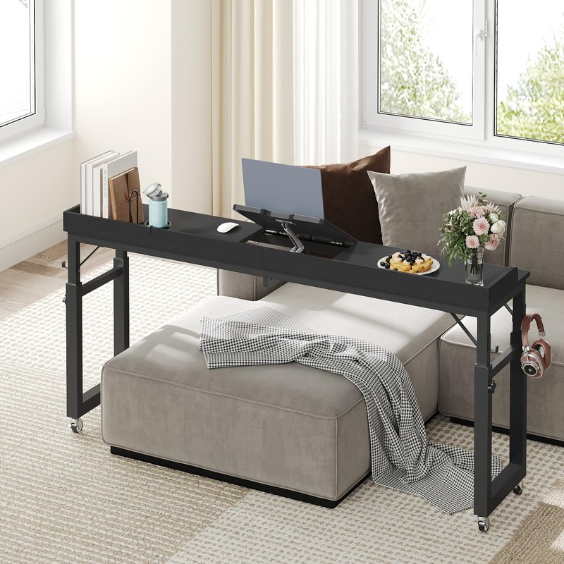 MAHANCRIS Overbed Table with Wheels, Queen Size Adjustable Rolling Desk