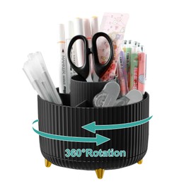 Lenfuos Desk Organiser, 360 Degree Rotating Office Organiser, Pen Holder, 5 Sorting Compartments for Pens, Stapler, Folder Clips, Sticky Notes, Space Saving Desk Organiser (Black)