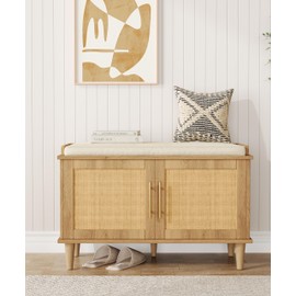 Akxomel Natural Rattan Shoe Storage Bench with Cushion, Entryway Shoe Cabinet Bench with 2 Doors, 15"D x 31.5"W x 20"H, Wooden Shoe Organizer, Adjustable Shelf, Solid Wood Legs, for Hallway, Bedroom