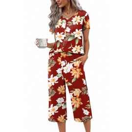 Ekouaer Women's Pajama Sets Short Sleeve Sleepwear Button Up 2 Piece Pj Loungewear Top and Capri Pants Red Floral,M