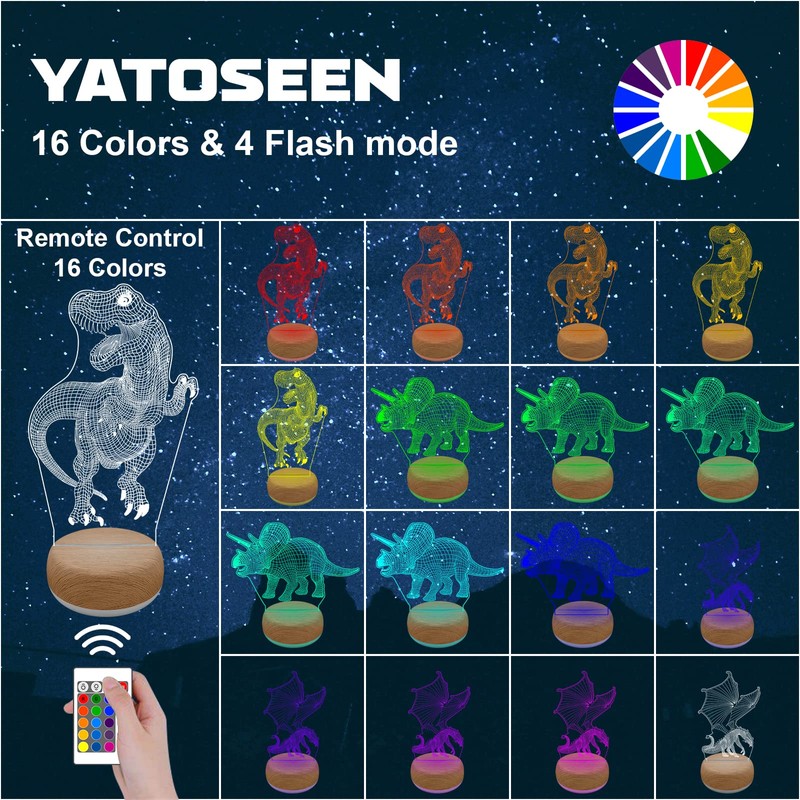 YATOSEEN Dinosaur 3D Illusion Lamp, Dinosaur Night Lights with 16