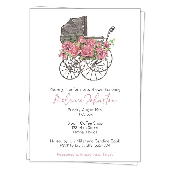 Baby Shower Invitations Vintage Pink Victorian Baby Carriage Antique Stroller Bridgerton Downton Abbey Inspired Customized Personalized Printed Cards (12 Count)