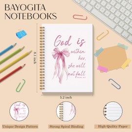 BAYOGITA Coquette Pink Bow Christian Spiral Notebooks, God is Within Her She Will Not Fall Bible Journaling Notebook, Religious Journal for Women, Church Notes Notebook, 5.5x8.3 Inches