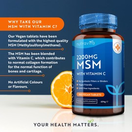 MSM 2200mg with Vitamin C – 365 Vegan Tablets – High Strength Methylsulfonylmethane (MSM) with 80mg Vitamin C – 6-Month Supply – Made in the UK by Nutravita
