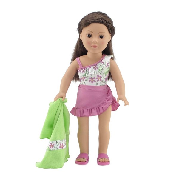 Emily Rose 18 Inch Doll Clothes | 4-Piece Floral Print One Piece 18" Doll Swimsuit Set, Includes Matching Towel, Ruffled Skirt, and Fun Beach Sandals! | Gift Boxed! | Fits Most 18" Dolls