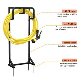 AZERPIAN Garden Hose Holder Detachable Hose Holder Freestanding Heavy Duty Metal Hose Reel Stand Water Hose rack For Outside (Black, 15.35 * 7.09 * 44.88)