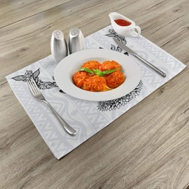 Ambesonne Deer Place Mats Set of 4, Aboriginal Floral Polynesian Deer Pattern Mammal Boho Design, Washable Fabric Placemats for Dining Room Kitchen Table Decor, Black White