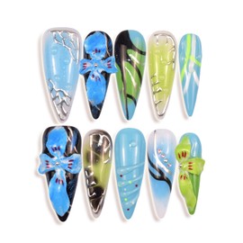 LIFOOST Handmade Press On Nails Long, Blue Press On Nails Stiletto, Carving Flowers 3D Nails with Rhinestones