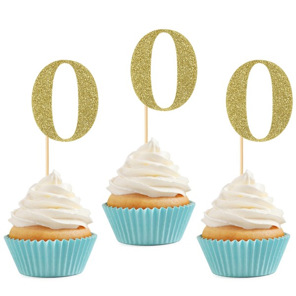 24 piezas de decoración de cupcakes de cumpleaños número 0 con purpurina, 0 púas de magdalenas, decoraciones de cupcakes, baby shower, aniversario, suministros de fiesta, color dorado