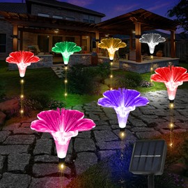 X-GiftKey Solar Garden Lights for Mom Gifts Decor Outdoor,6PACK Fiber Optic Lily Flowers with Unique Housewarming Gifts Outdoor,Solar Christmas Path Lights for Mom/Wedding/Party/Yard Decor