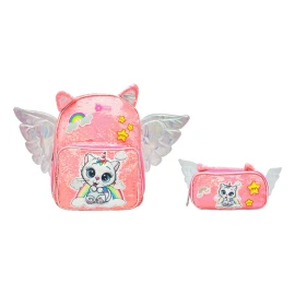 Lluvia Mochila Y Lapicera Gato Unicornio Con Alas Lentejuela Rosa Primaria Lluvia Diseño De La Tela Lentejuela, Estampado