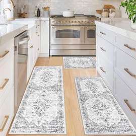 Ileading Boho Kitchen Rug Sets 3 Piece with Runner Washable Kitchen Floor Mat Carpet Non Slip Kitchen Mat Bohemian Kitchen Runner Rug Light Grey Room Rugs for Kitchen Floor Hallway Entryway