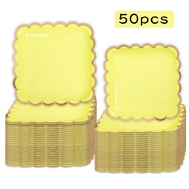 Yinbanban 60 Pcs Elegant Yellow Vintage Floral Paper Plates 7 Inch Disposable Square Dessert Plates with Gold Edge for Birthday Wedding Bridal Baby Shower Party Supplies