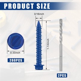 MorningRo 200 Qty 3/16" x 1-1/4" Hex Head Diamond Tip Concrete Screws Anchor with Drill Bit for Anchor Masonry, Block, Brick, Cement, Stucoo