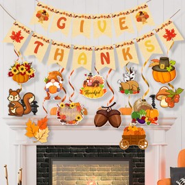 Thanksgiving Decorations, Give Thanks Banner Fall Decorations for Home, Thanksgiving Banner Fall Banner with 12pcs Hanging Swirls for Fall Classroom Party Decorations Thanksgiving Party Decorations