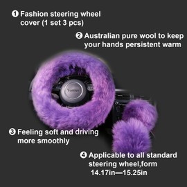 Yontree Winter Warm Faux Wool Handbrake Cover Gear Shift Cover Steering Wheel Cover 14.96"x 14.96" 1 Set 3 Pcs (Purple)