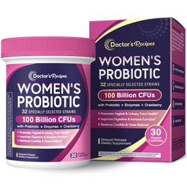 Doctor's Recipes Probiotics for Women, 100 Billion CFU 32 Strains, with Prebiotic Fiber, Enzymes & Cranberry, Vaginal Urinary Digestive & Immune, No Yeast, Shelf Stable, Delayed Release, 30 Caps