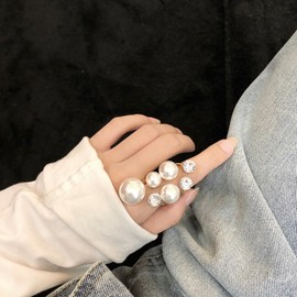 MIFYNN Vintage Pearl Ring for Women Stacking Pearl Promise Rings Adjustable Rhinestone Open Band Finger Rings for Women (Gold 1)