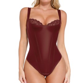 Popilush Leather Corset Tops for Women Tummy Control Shapewear Lace Tank Tops Faux Leather Thong Body Shaper Medium