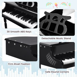HOMGX Classical Kids Piano, 30 Keys Wood Grand Piano w/Bench Stand, Musical Instrument Educational Toy, Birthday Gift for Toddlers 3+ Boys Girls (Straight Leg, Black)