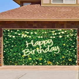 Green Leaves Happy Birthday Garage Door Cover Banner Decorations Backdrop 7x16ft Large Green Grass Wall Jungle Safari Garage Door Backdrop Decorations Outdoor Birthday Party Garage Door Banner Props