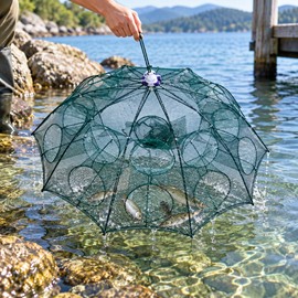 Collapsible Fishing Trap for Shrimp and Bait Fish – Foldable Nylon Cage with 4–24 Entry Options for Lakes, Rivers, Ponds & Outdoor Bait Collection
