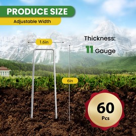 6 Inch Landscape Staples Galvanized 60 Pcs, Metal Garden Stakes 1.6 Inch Width, Garden Staples Landscape Fabric Stakes for Weed Barrier Tubing Lawn 11 Gauge