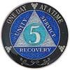 5 Year AA Recovery Silver Color Plated Glitter Medallion, Black