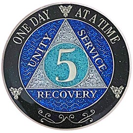 5 Year AA Recovery Silver Color Plated Glitter Medallion, Black Rainbow, Blue, Silver Glitter Coin, Epoxy Covered (AA 5 Year Glitter Medallion)