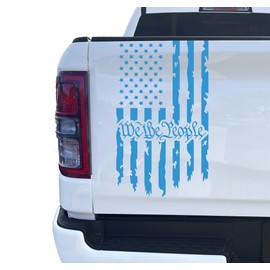 We The People Distressed American US USA Flag Truck Tailgate Vinyl Decal Preamble of The US Constitution Compatible with Most Pickup Trucks (10" x 18", Ice Blue)