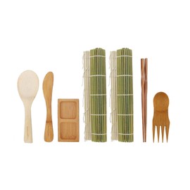 BambooMN Sushi Making Kit - 2x Green Sushi Rolling Mats, 1x Rice Paddle, 1x Spreader, 1x Chopsticks, 1x Sushi Sauce Dish, and 1x Free Spork - Deluxe Sushi Set