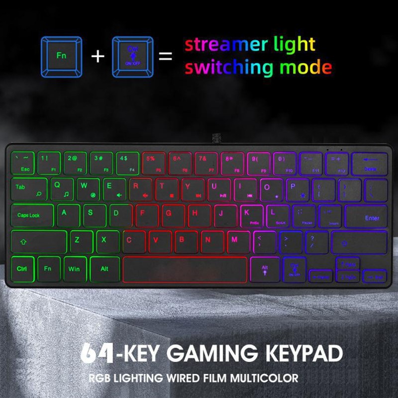 64 Keys RGB Backlit Keyboard USB Wired Gaming Keyboard Portable