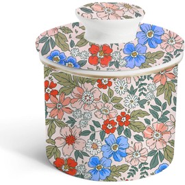 LEAZUL Ceramic Butter Dish With Vintage Pink Floral Print,Cute Flower French Butter Crock for Counter With Water Line Butter Container Keeper Storage Fresh Spreadable Butter with Lid for Home Décor