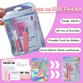 20 Sets Set für gepresste Nägel, Einweg-Nagelvorbereitung für Nägel, Kleber für Nagelfeile, Vorbereitungspad, Klebepads für Nägel, Stäbchen aus Holz, Bedienungsanleitung (evtl. nicht in deutscher