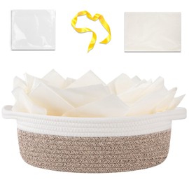 OIAHOMY Cesta de regalo vacía con asa, cesta tejida pequeña de 12 x 8 x 5 pulgadas con bolsa de regalo, cinta y papel de seda, almacenamiento de juguetes para perros para organizar, café y blanco
