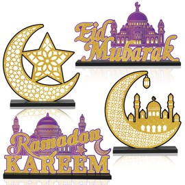 Wiooffen 4Pcs Ramadan Mubarak Table Centerpiece Decorations Eid Mubarak Wooden Table Signs Ramadan Kareem Tabletop Set Eid Al Fitr Moon Star Wood Table Decor for Home Kitchen Party(Purple Gold)