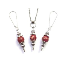 Vintage Style Edelstahl Damen Halskette und Ohrring Schmuckset mit rotem Imperial Jaspis Anhänger